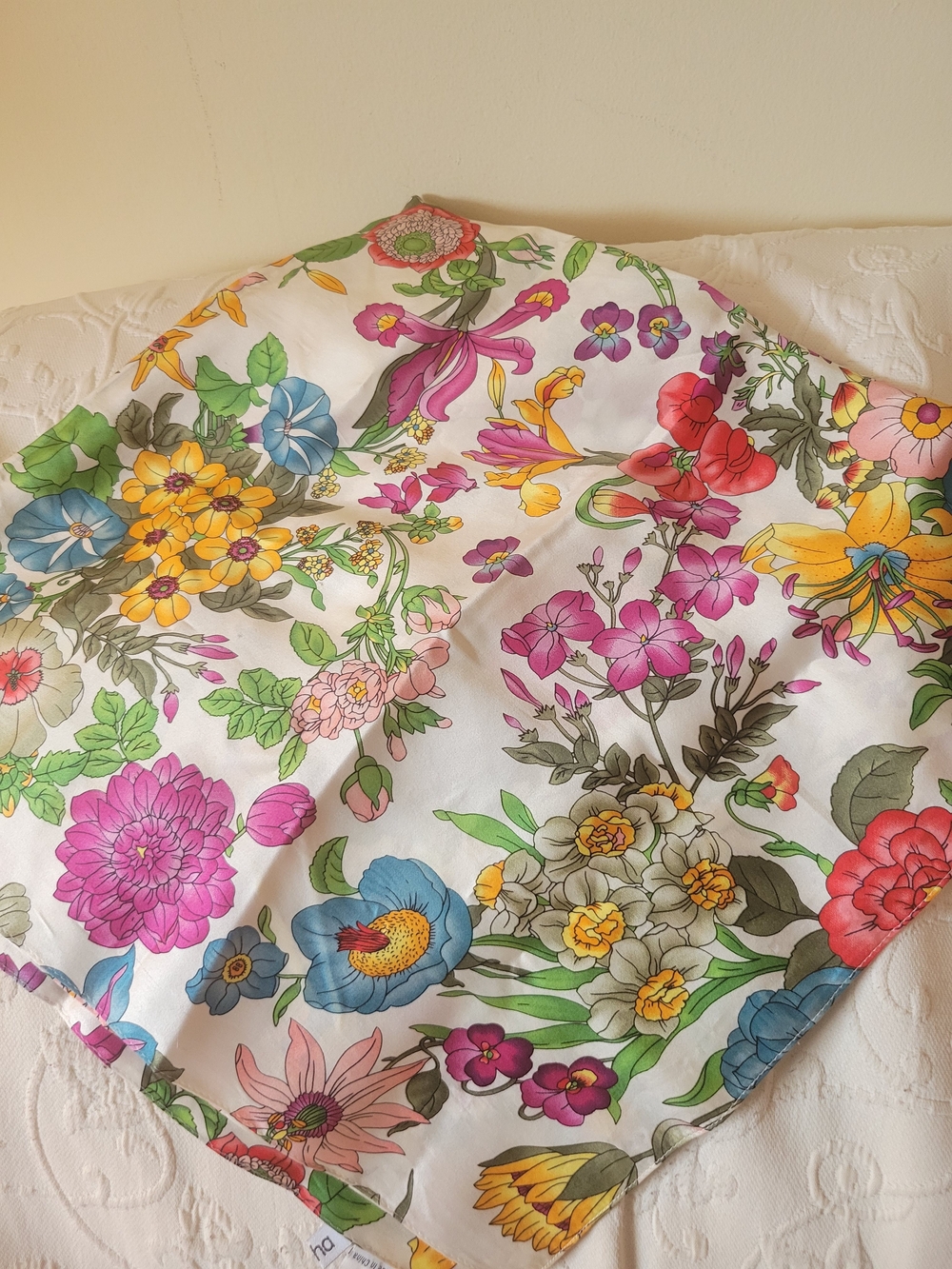 Floral Silk Scarf - Vibrant Multicolor Flowers on White
